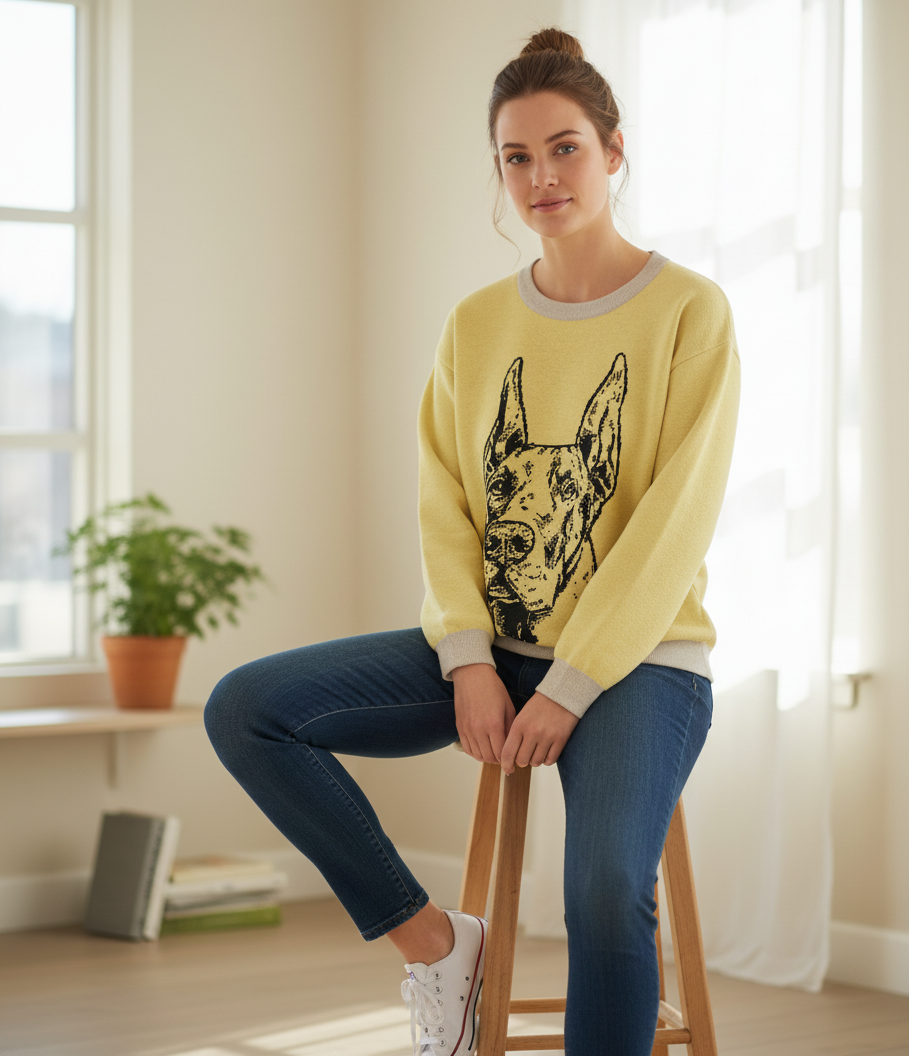 Woman wearing a yellow sweater with a dog design, sitting on a stool indoors.
