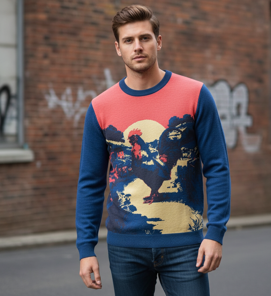 Man wearing a blue and red sweater with a graphic design in an urban setting