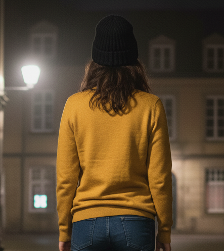 Person in a yellow sweater walking down a dark cobblestone street at night.
