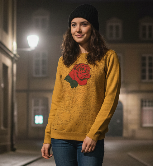 Woman wearing a yellow sweater with a red rose design on a dark street.