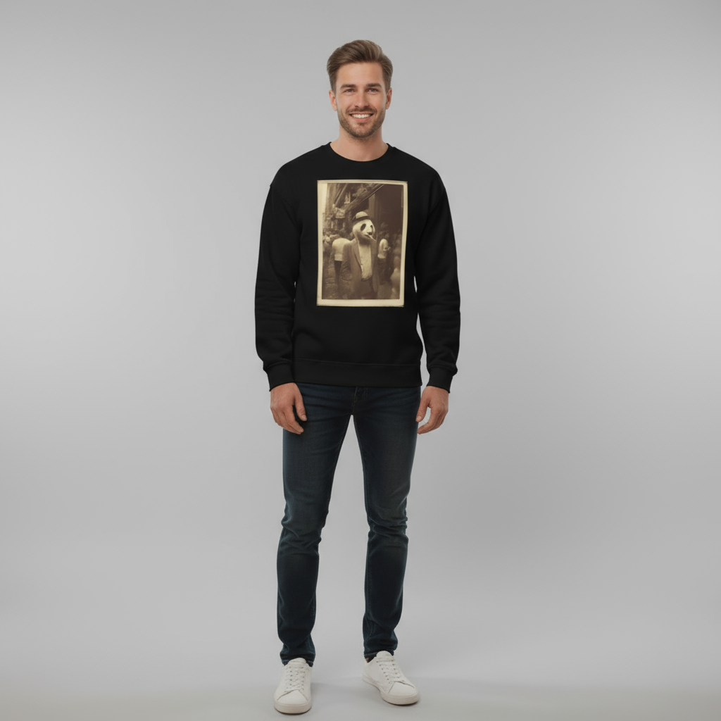 Man wearing a black sweatshirt with a vintage-style print, standing in a room with large windows and plants.